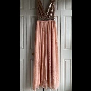 Lulus Elegant Encounter Backless Gown| Gold and Pink Chiffon | Size Small